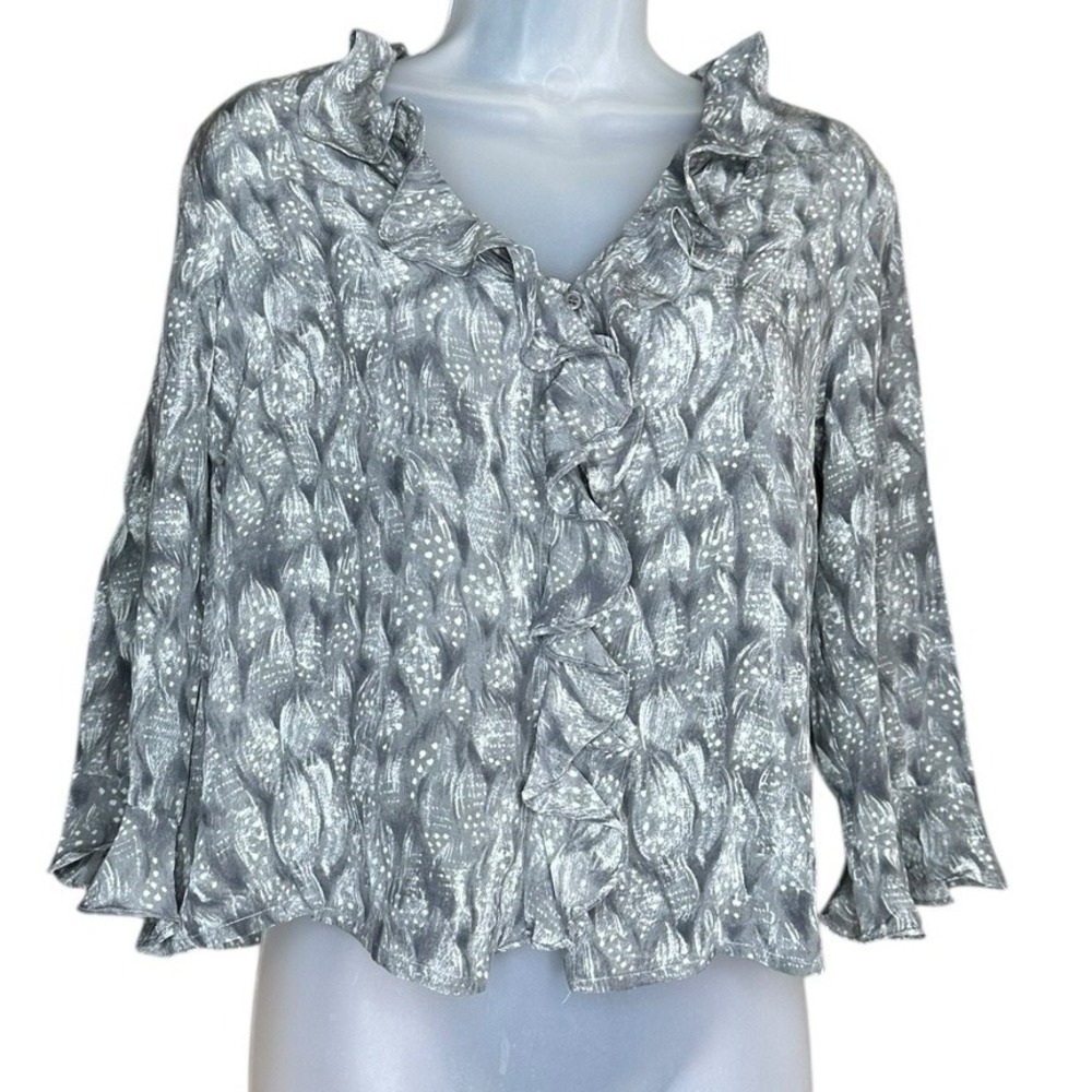 New York City Design Co. Vtg Y2K 100% Silk Gray‎ Print Blouse S Ruffles Romantic
